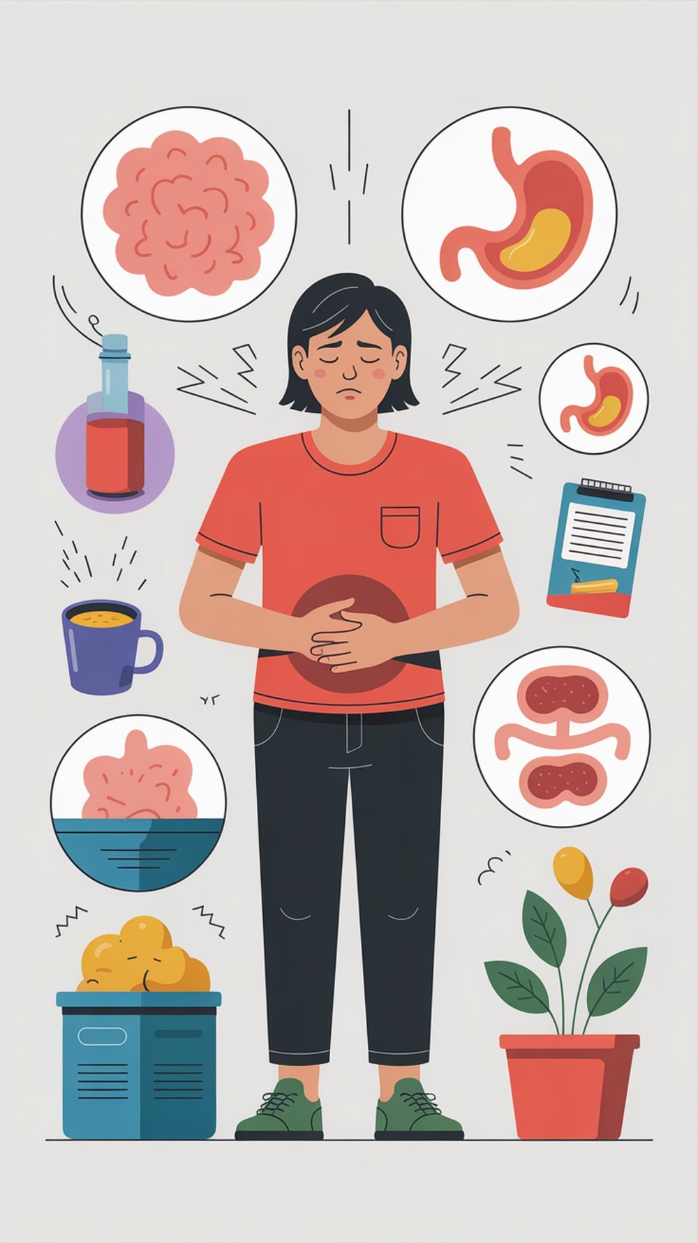 Illustration of a person with stomach discomfort surrounded by icons representing gut health.