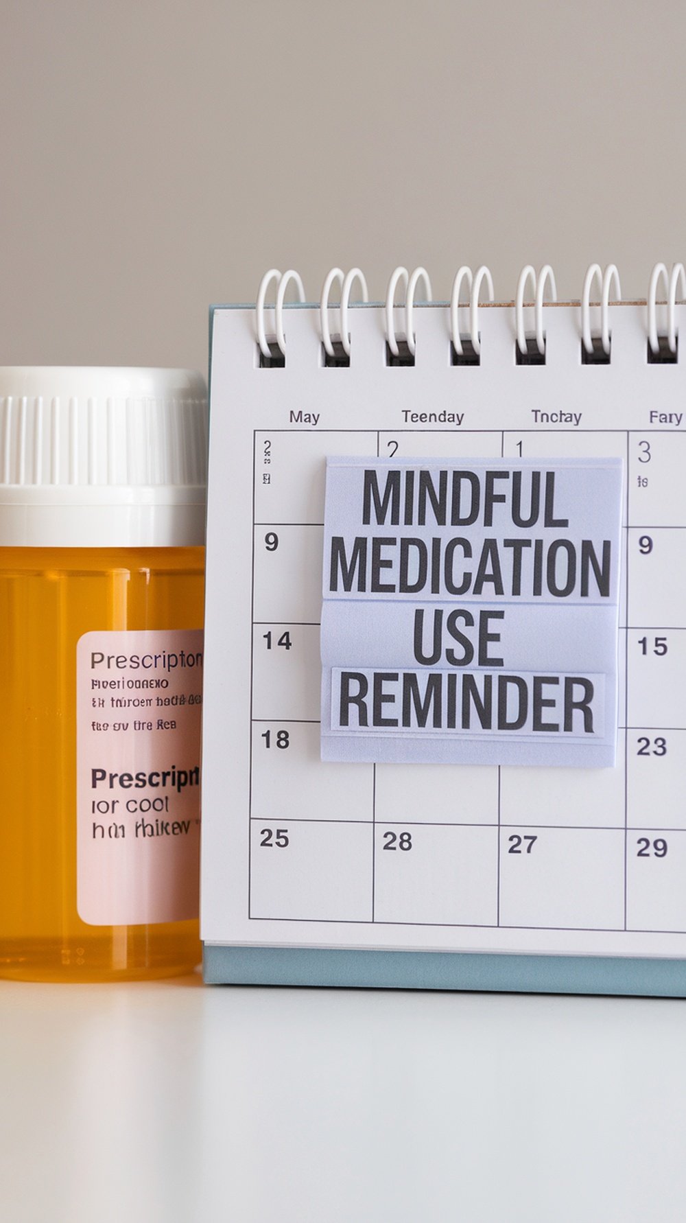 A calendar with a reminder about mindful medication use next to a prescription bottle.