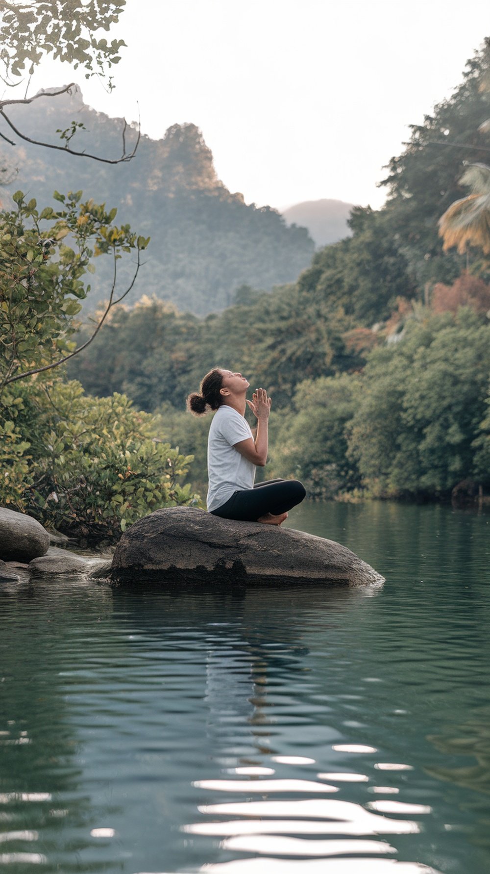A person practicing mindful breathing exercises by a calm body of water, surrounded by lush greenery.