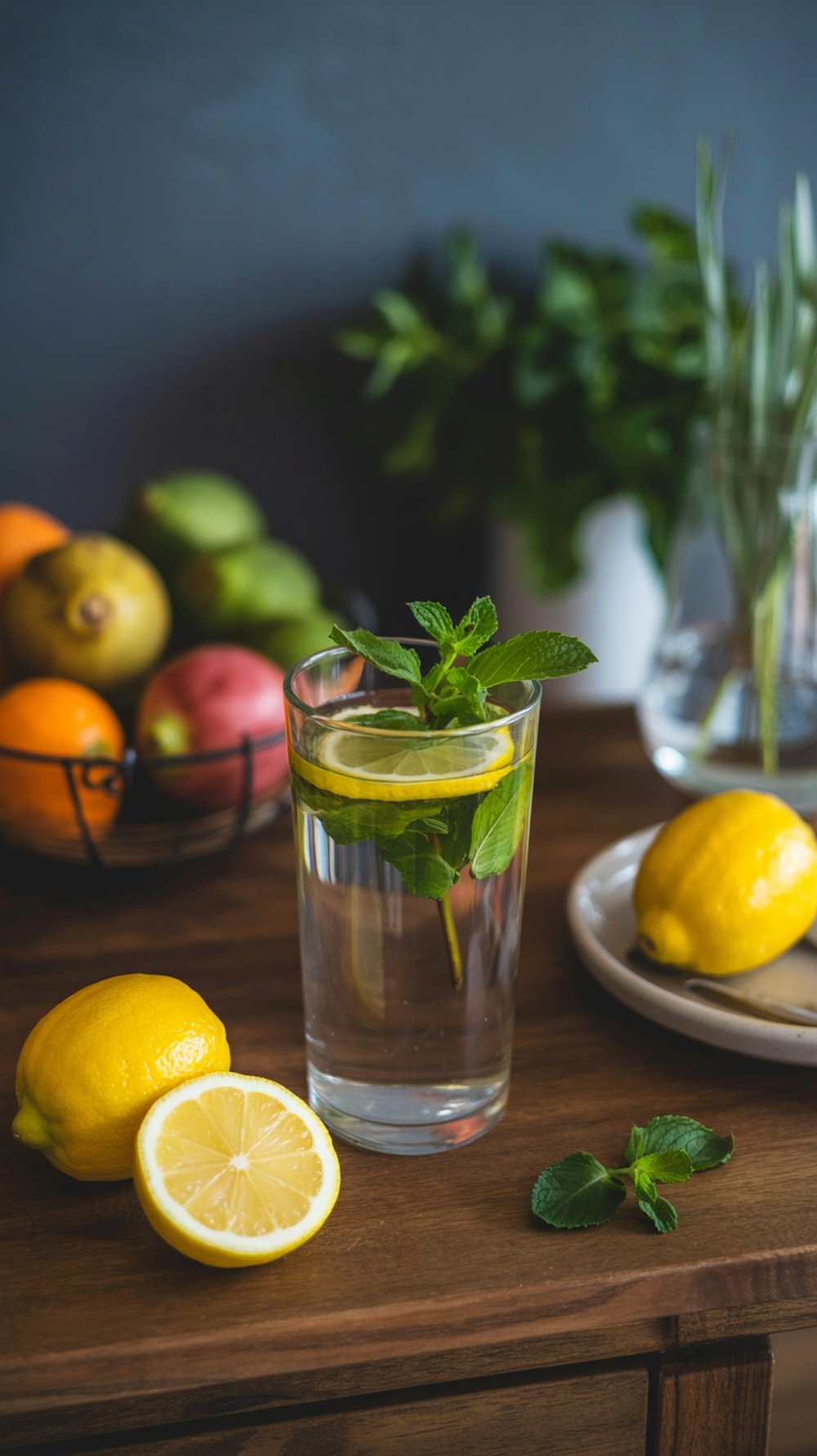 A glass of water with lemon and mint, surrounded by fresh fruits on a wooden table.