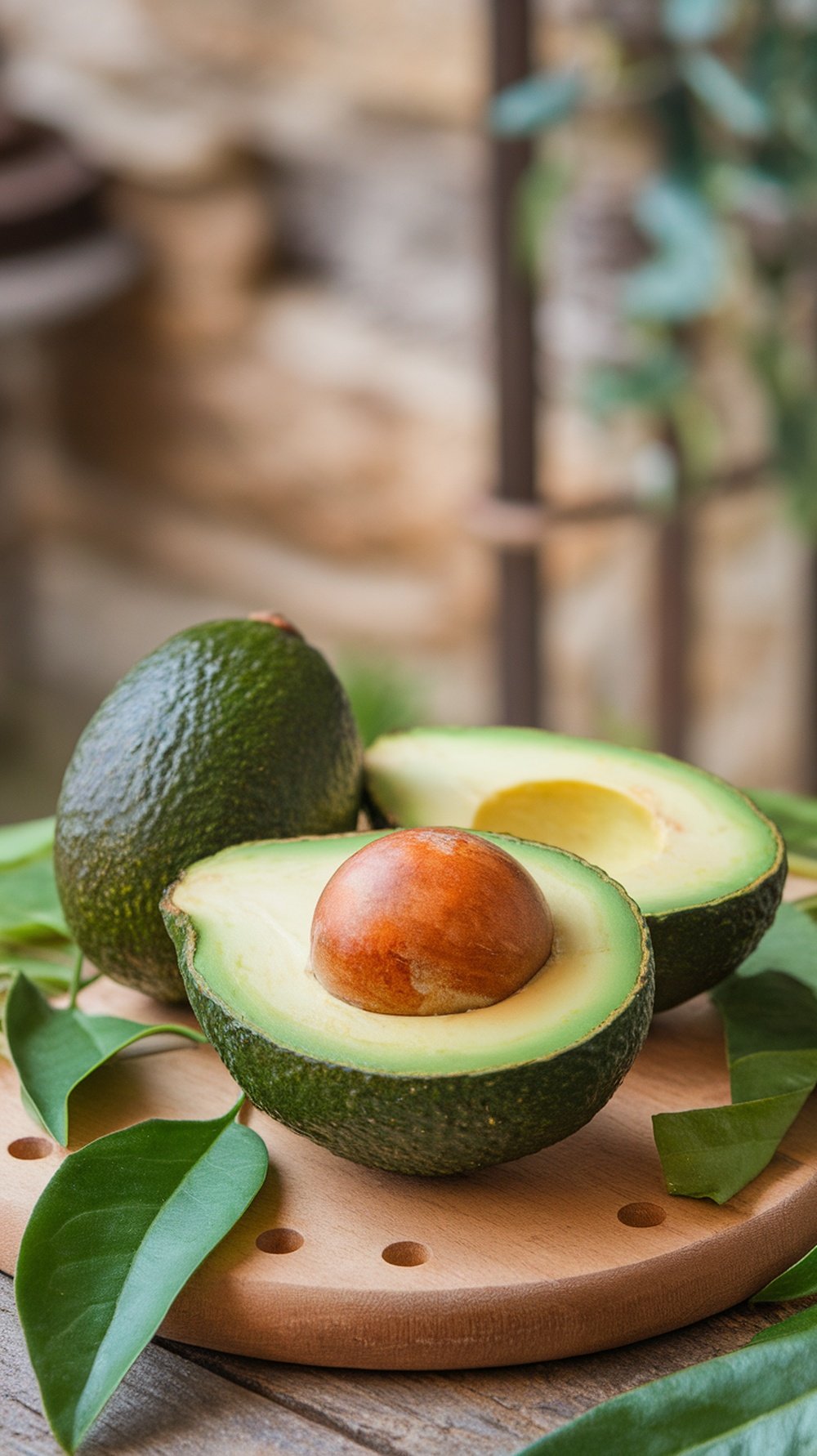 A fresh avocado cut in half, showcasing its green flesh and large seed, with leaves around it.