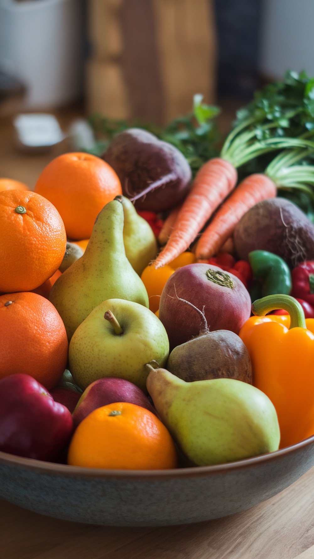 A colorful assortment of fiber-rich fruits and vegetables including oranges, pears, carrots, beets, and bell peppers.