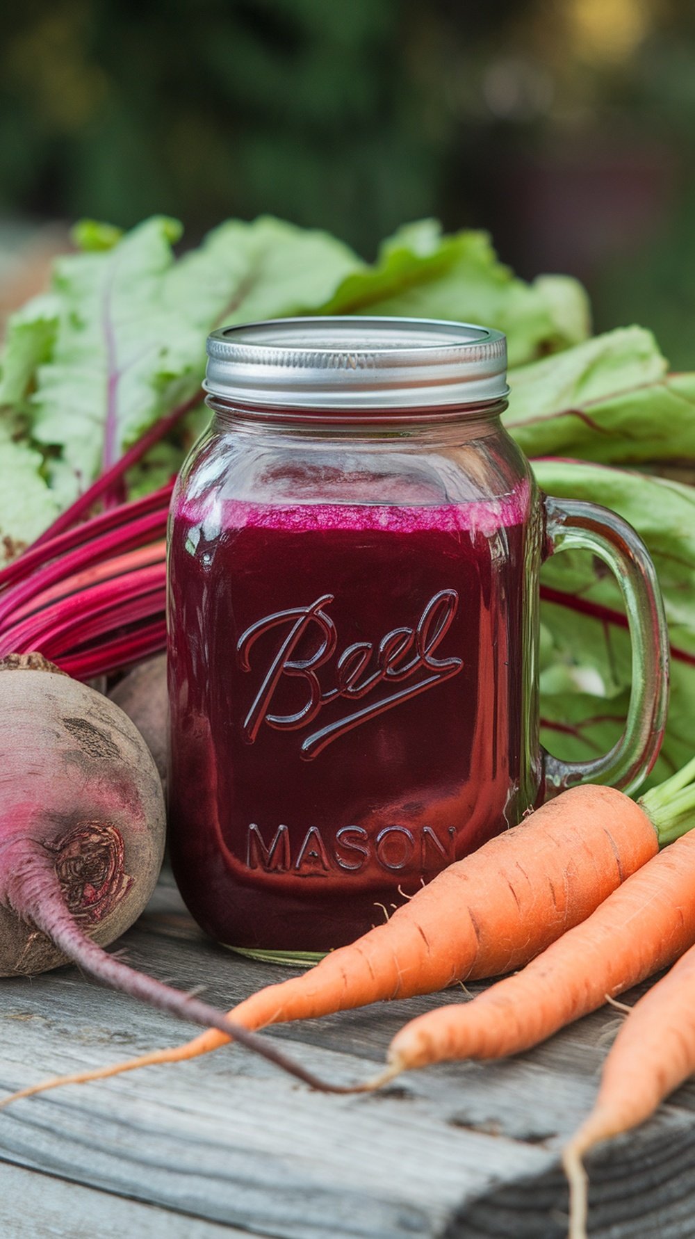 A mason jar filled with beetroot and carrot juice, surrounded by fresh beetroots and carrots on a wooden surface.