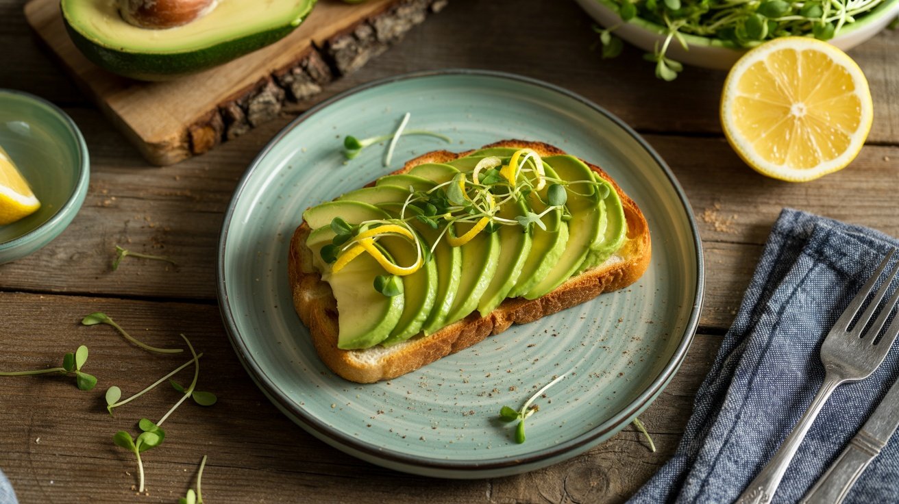 Creamy avocado toast topped with lemon zest on a blue plate, surrounded by microgreens and a lemon half.