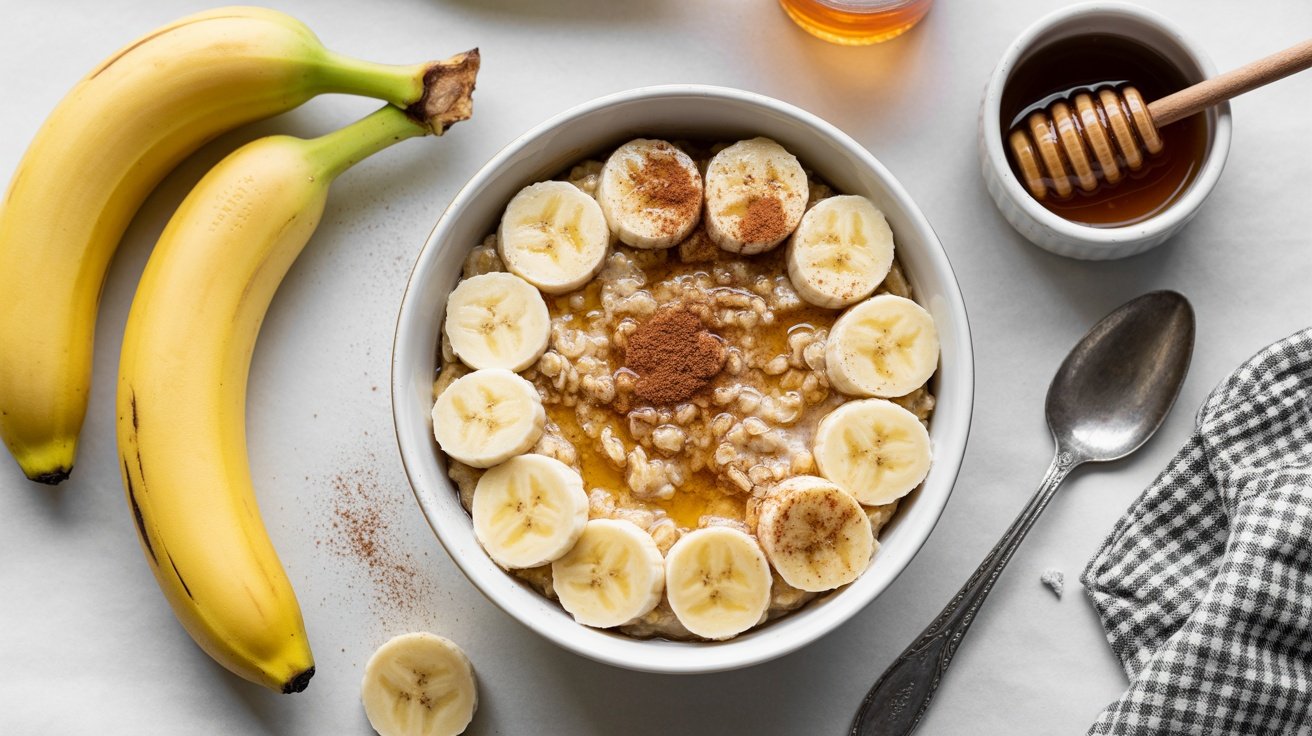 A bowl of banana oatmeal topped with honey and cinnamon, surrounded by fresh bananas and a spoon.