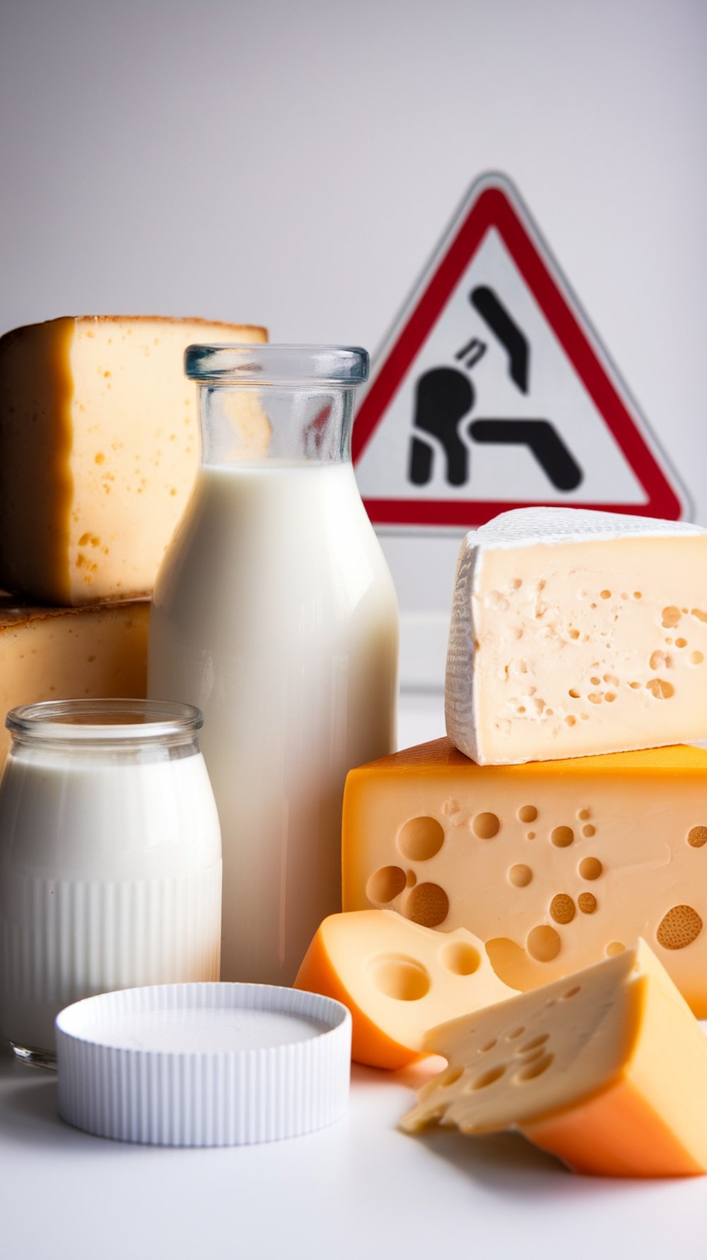 An assortment of dairy products including milk and cheese, with a caution sign in the background.