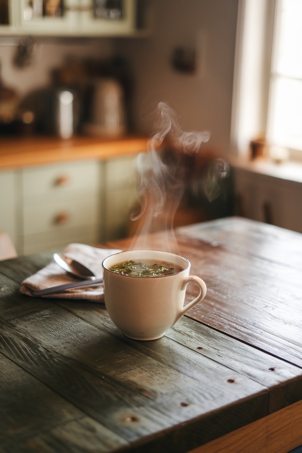A steaming cup of bone broth on a wooden table, with a spoon and a napkin beside it.