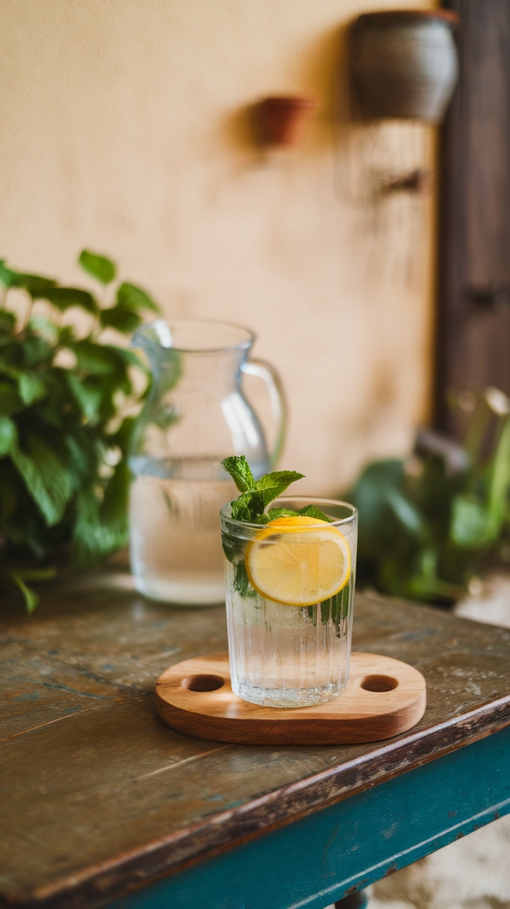 A refreshing glass of water with lemon and mint on a wooden table