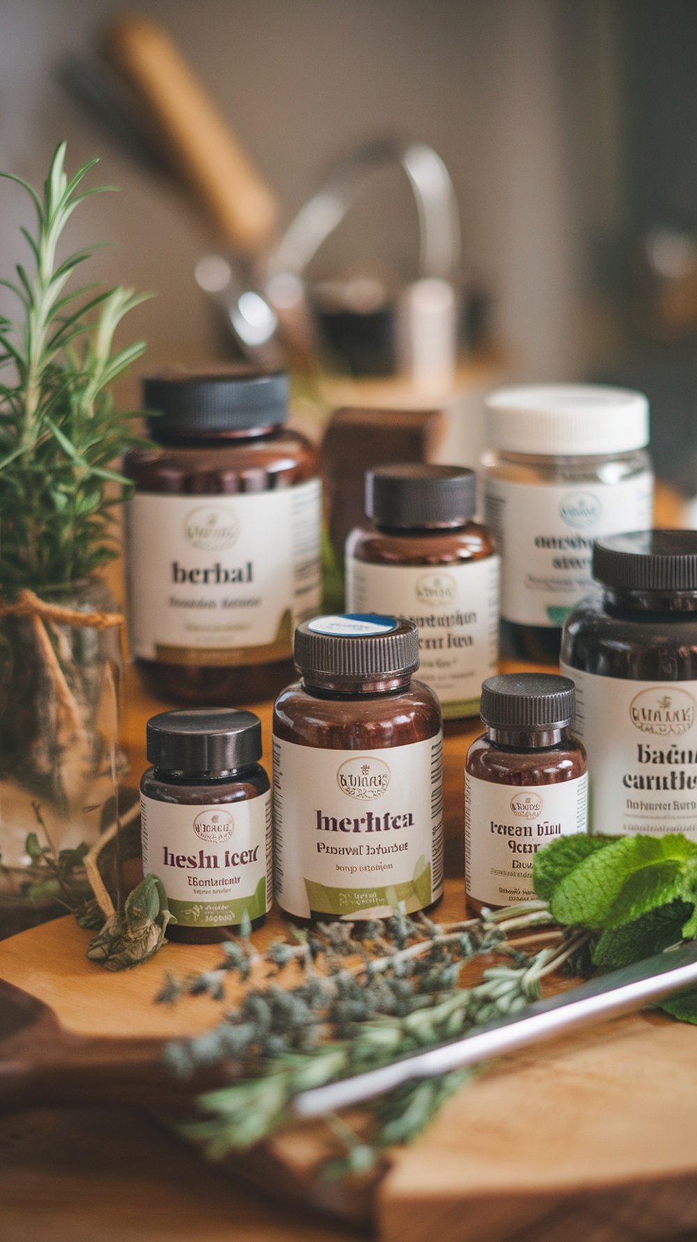 A collection of herbal supplements and fresh herbs on a wooden surface, showcasing various options for digestive support.