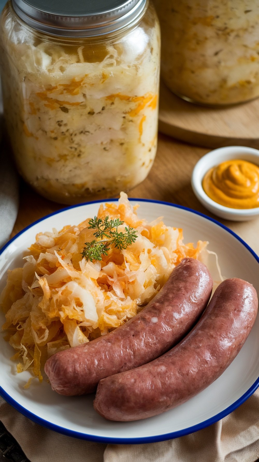 A plate with sauerkraut and sausages, with jars of sauerkraut in the background.