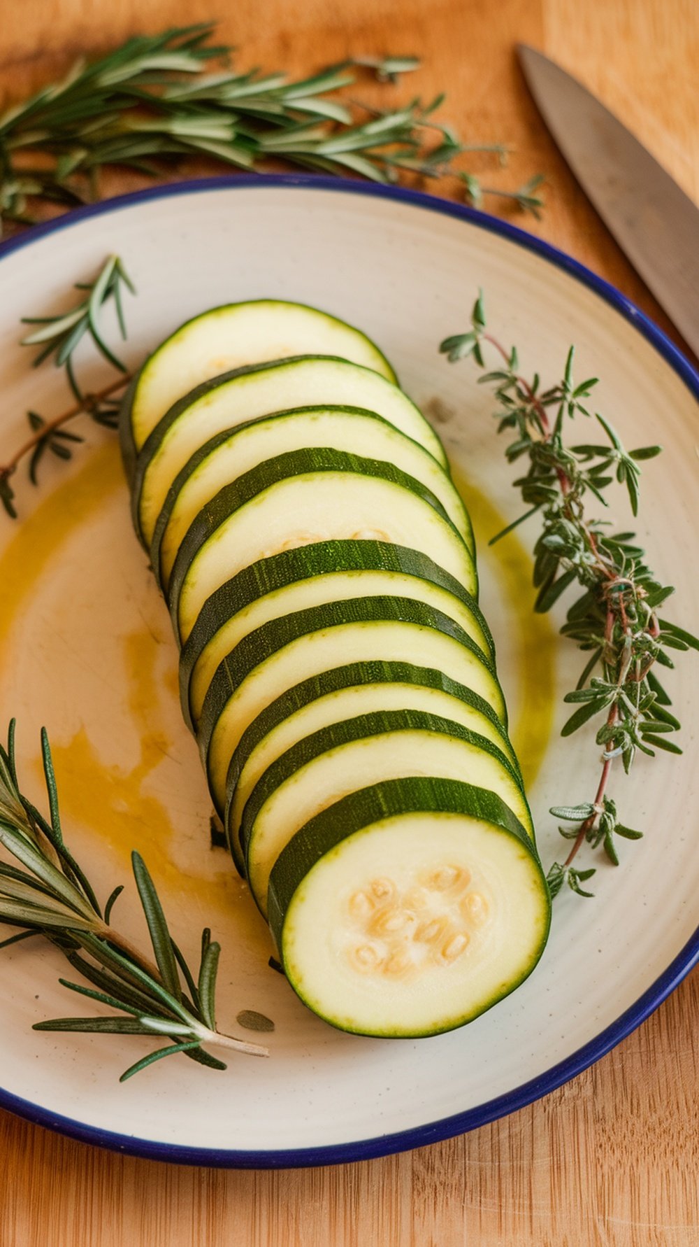 Sliced zucchini on a plate with herbs