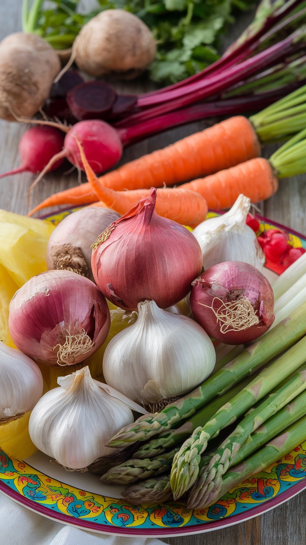 An assortment of prebiotic vegetables including garlic, onions, asparagus, and carrots on a colorful plate.