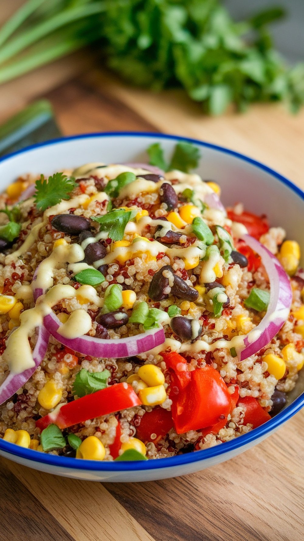 A bowl of quinoa and black bean salad with colorful vegetables and a creamy dressing.