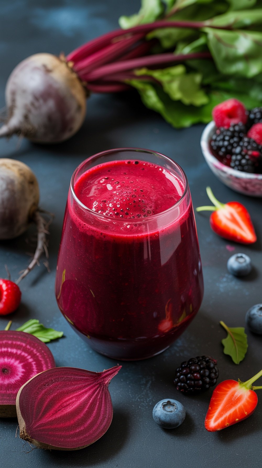 A vibrant Berry Beet Blast smoothie in a glass, surrounded by fresh berries and beets.