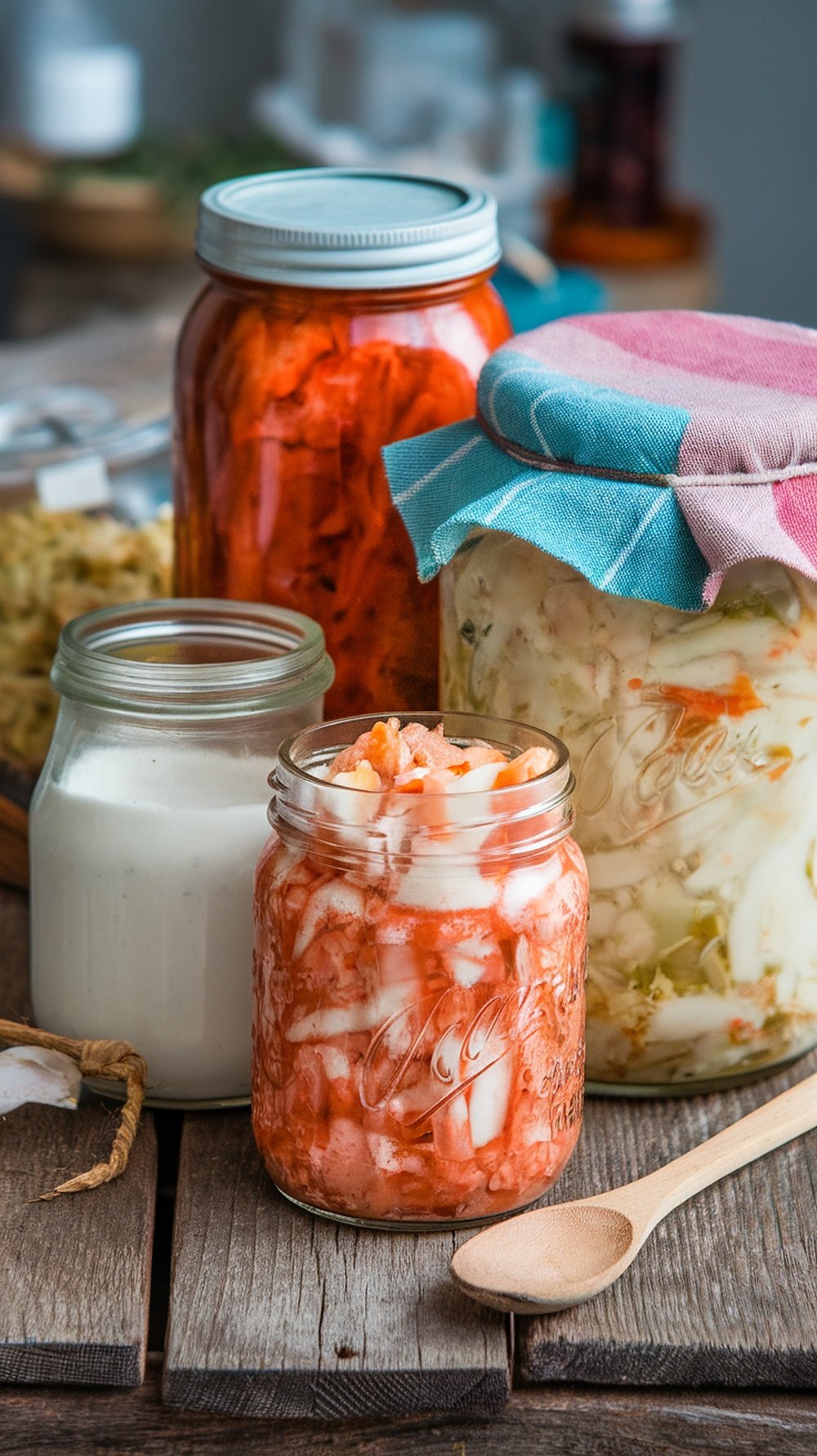 Various jars of fermented foods including kimchi, sauerkraut, and yogurt on a wooden table.