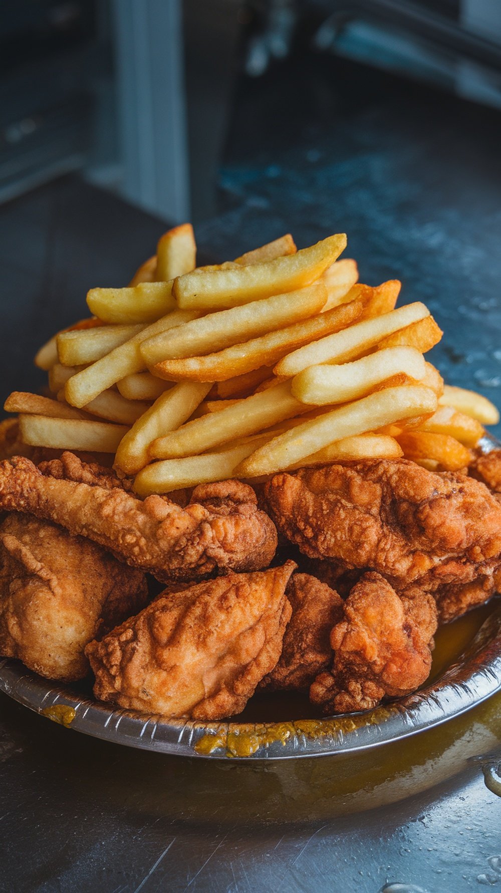 A plate of crispy fried chicken and golden fries
