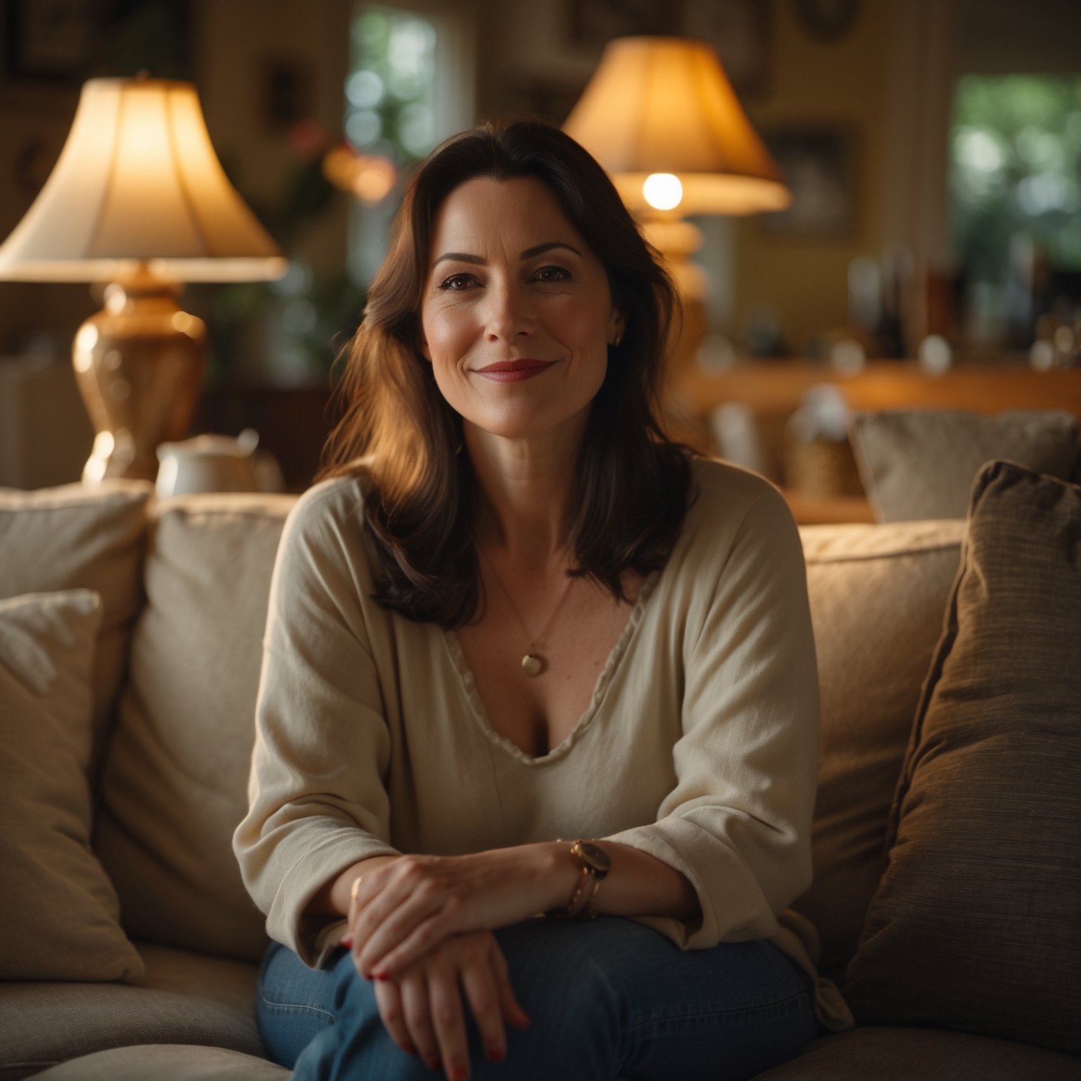 Woman sitting on sofa facing forward calm and relaxed