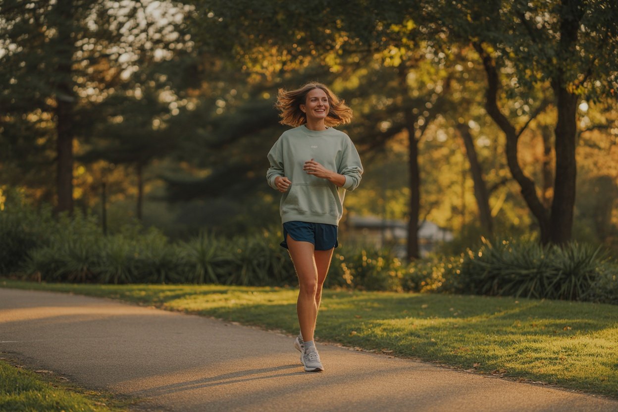 A woman jogging happily on a path through a sunny park.