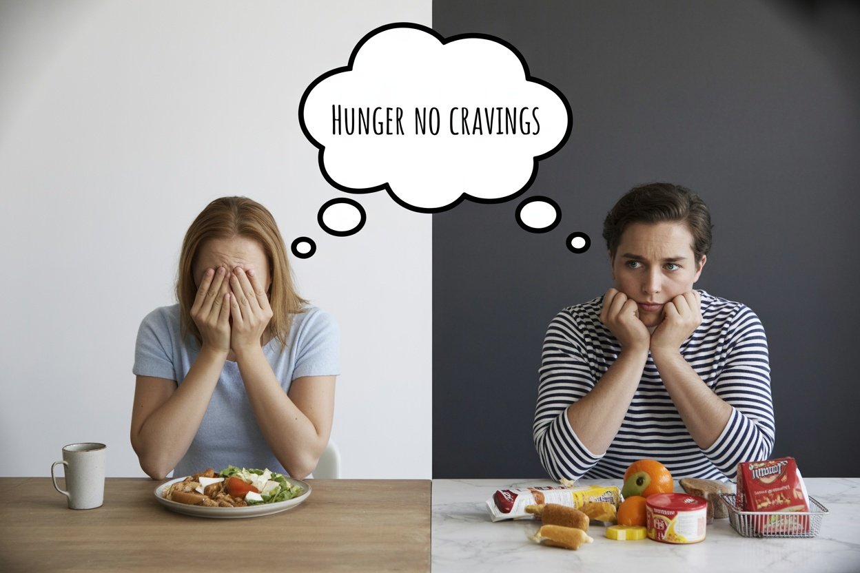 A woman covering her face in distress in front of a healthy meal and a man contemplating snacks on a table, illustrating hunger versus cravings.