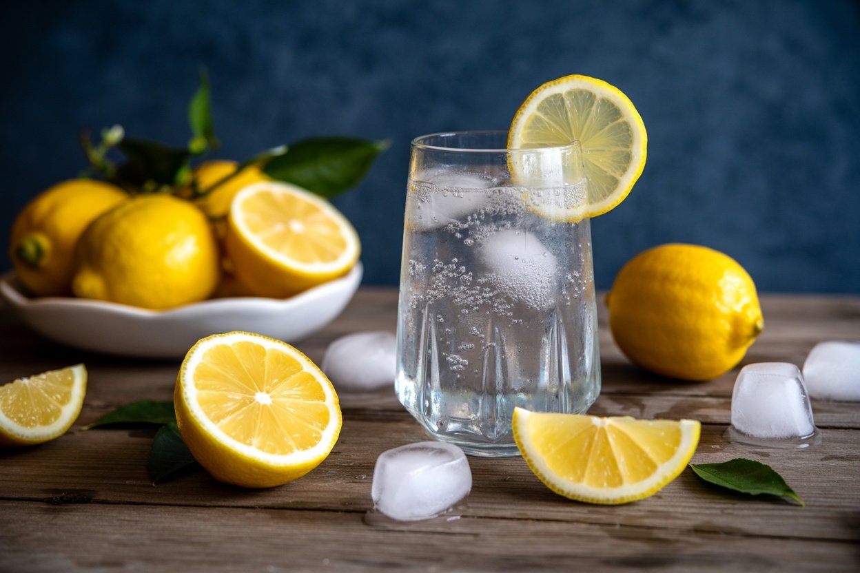 A refreshing glass of sparkling water with ice and lemon slices, surrounded by whole lemons on a wooden table.