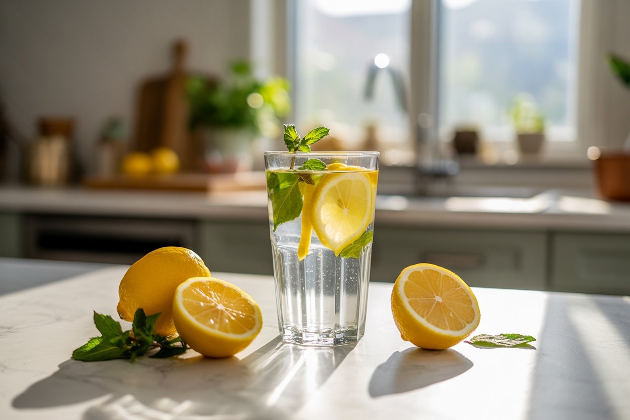 A glass of lemon and mint water on a kitchen counter with whole and sliced lemons in the foreground.