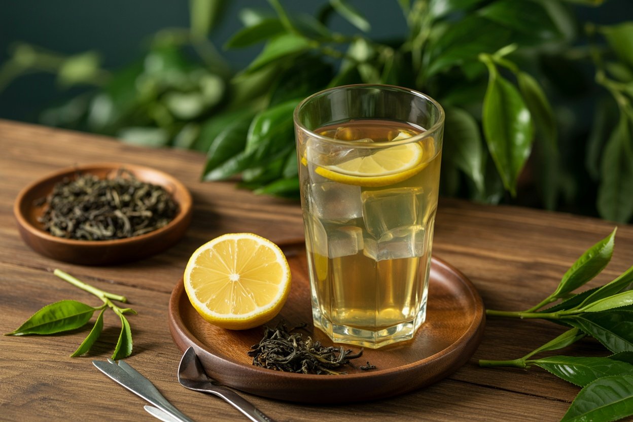 A refreshing glass of unsweetened green tea with a lemon slice, surrounded by green tea leaves.