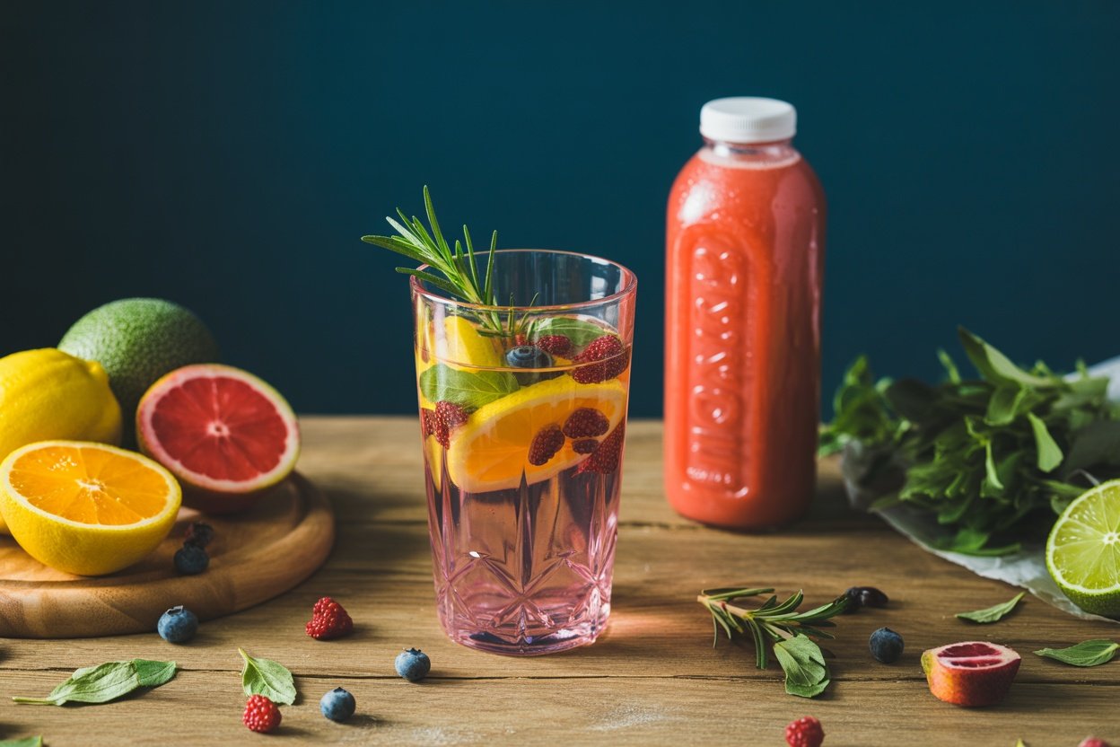 A glass of infused water with fruits and herbs next to a bottle of juice.