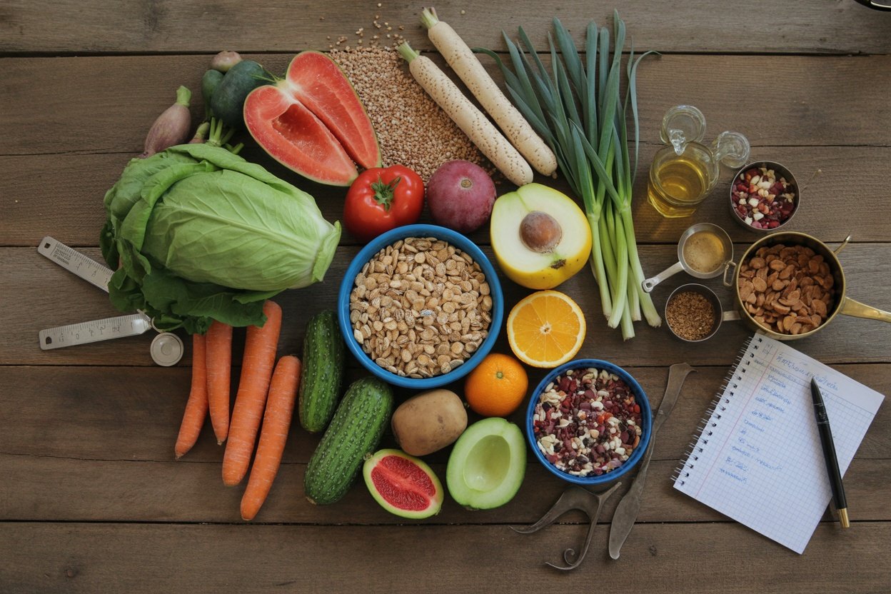 An assortment of fresh fruits, vegetables, and whole foods arranged on a wooden table.