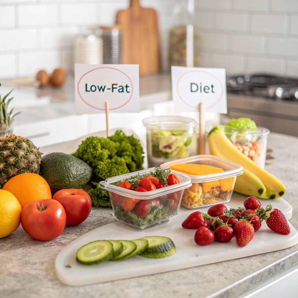 A collection of low-fat and diet food products on a kitchen counter surrounded by fresh fruits and vegetables.