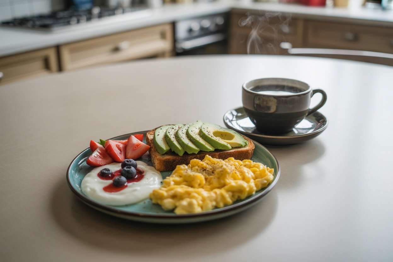 A healthy breakfast with scrambled eggs, avocado toast, fresh fruits, and a cup of coffee.