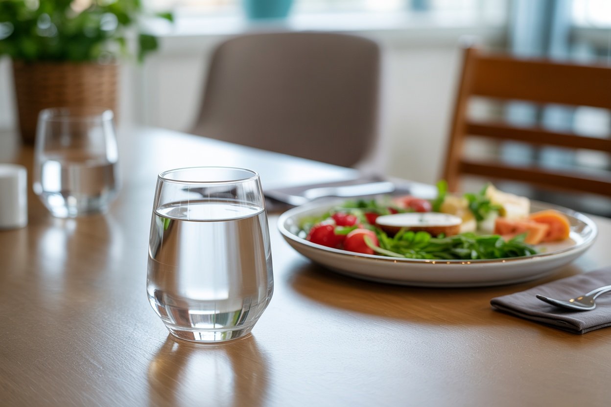 A glass of water on a table beside a healthy meal.