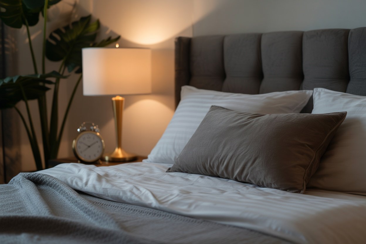 A cozy bedroom with soft bedding, warm lighting, and a clock, ideal for promoting good sleep habits.