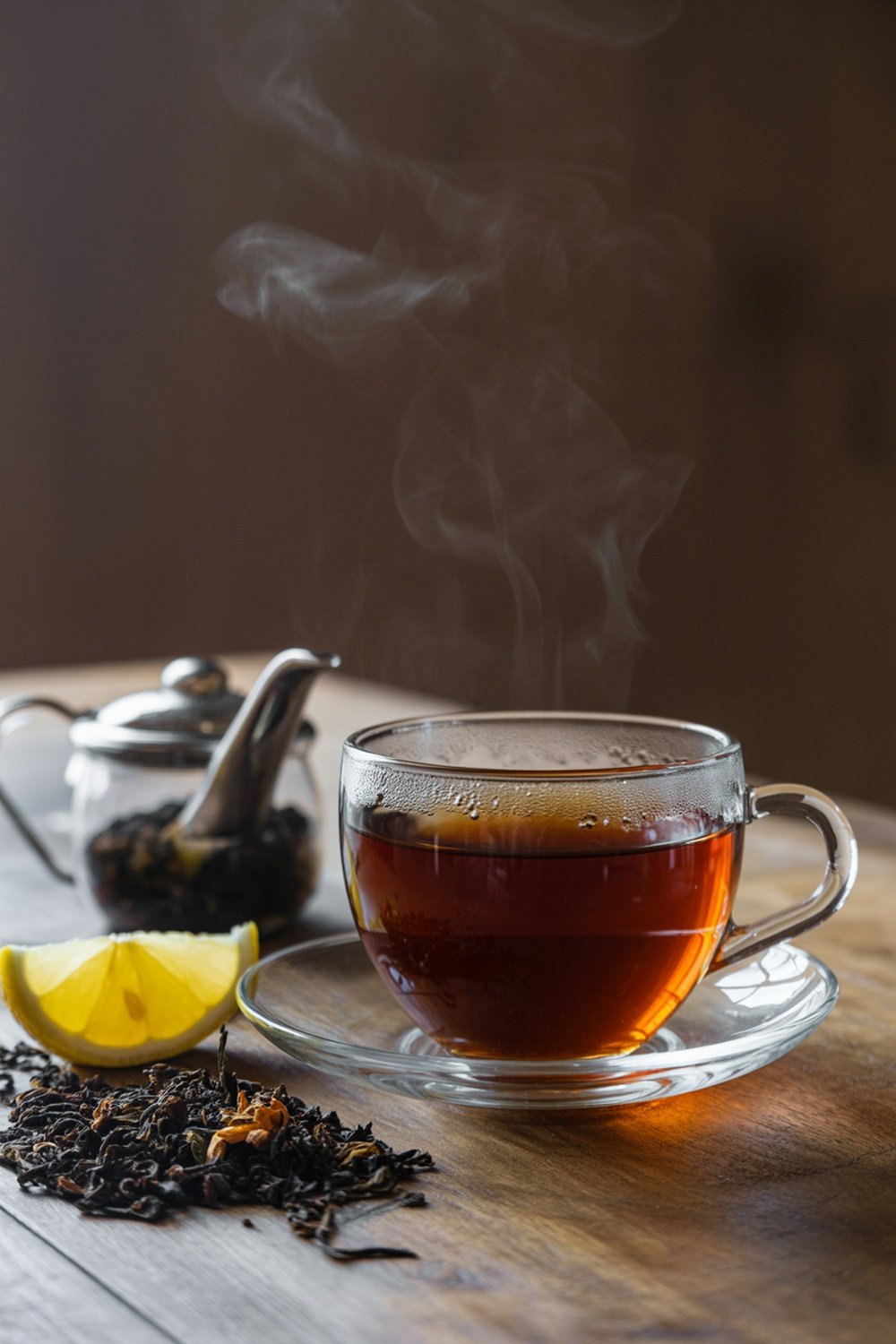 A steaming cup of black tea next to lemon and loose tea leaves.