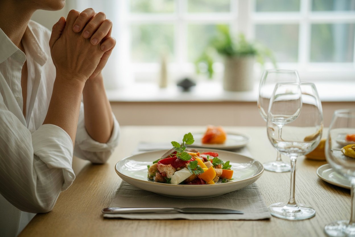 A person with clasped hands in front of a colorful salad on a dinner table.