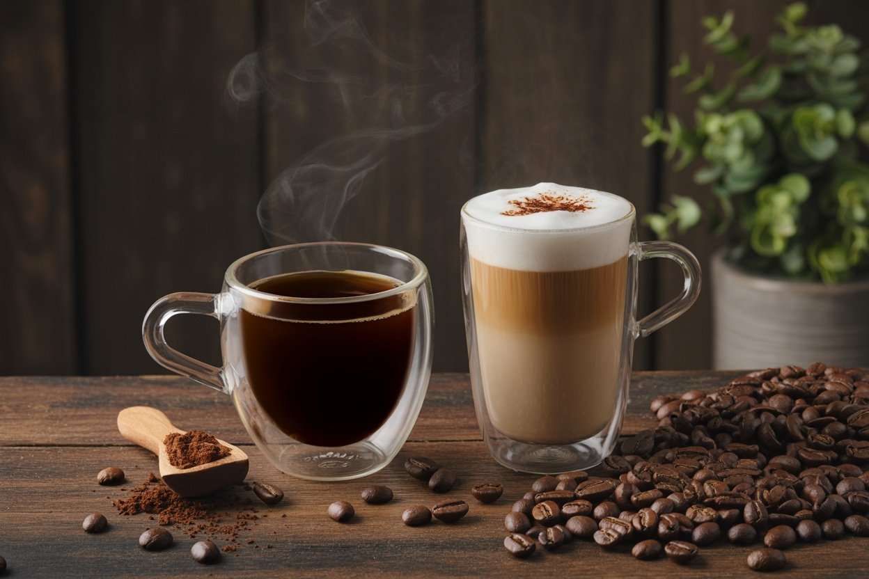 A steaming cup of black coffee next to a latte with froth, surrounded by coffee beans.