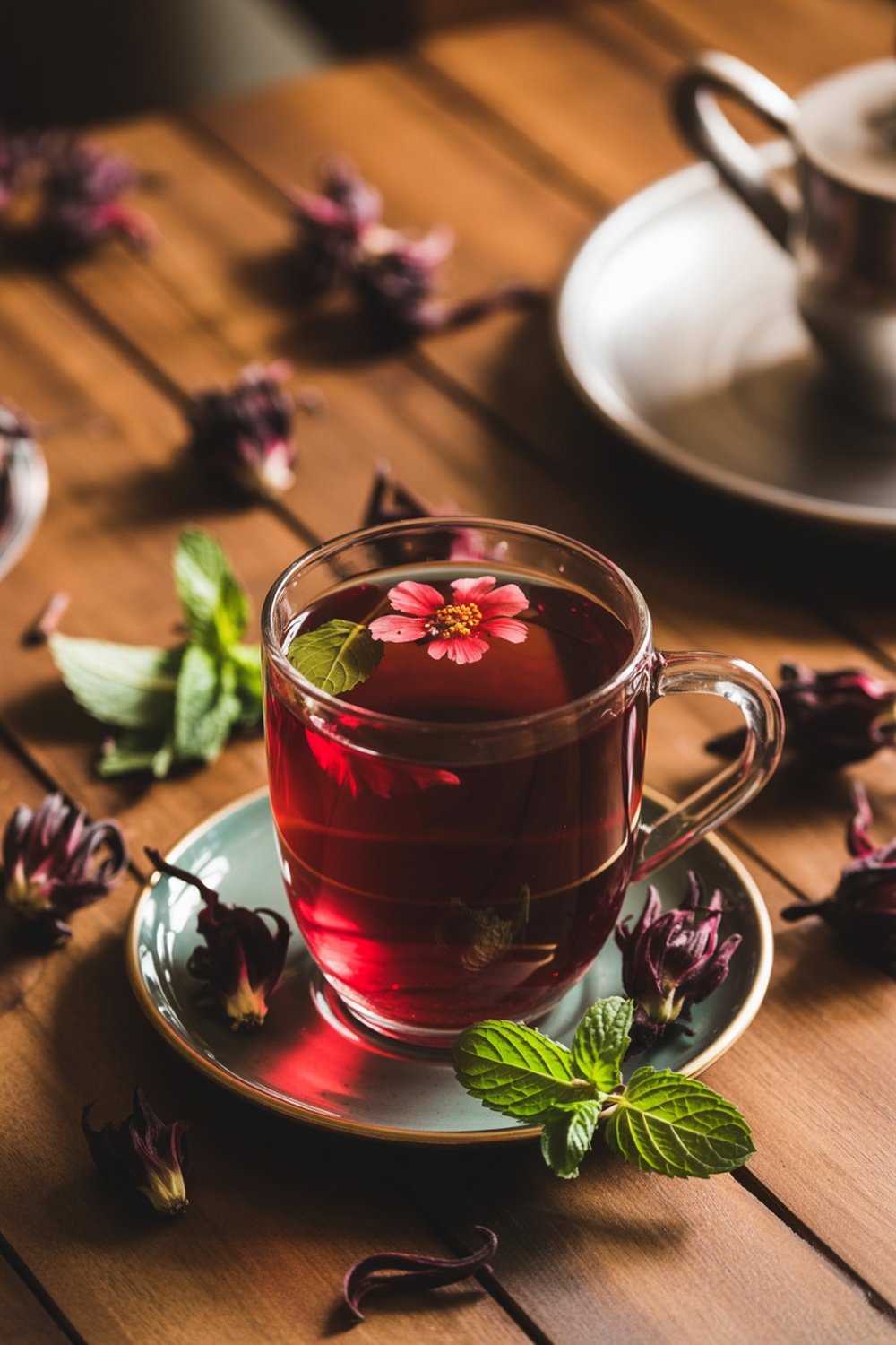 A glass of hibiscus tea garnished with a flower and mint leaves, with dried hibiscus flowers scattered around.