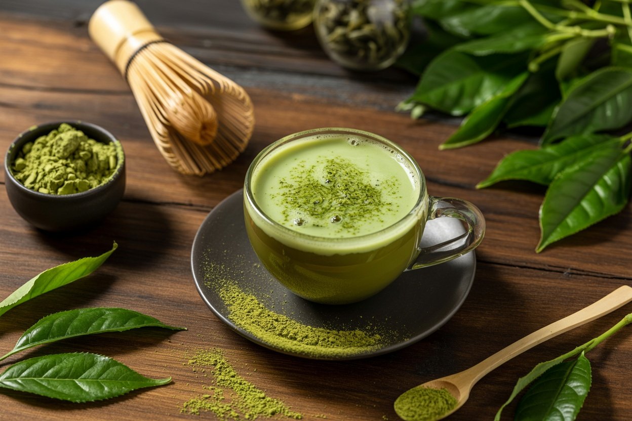 A beautifully presented cup of matcha tea, surrounded by matcha powder, a whisk, and fresh tea leaves.