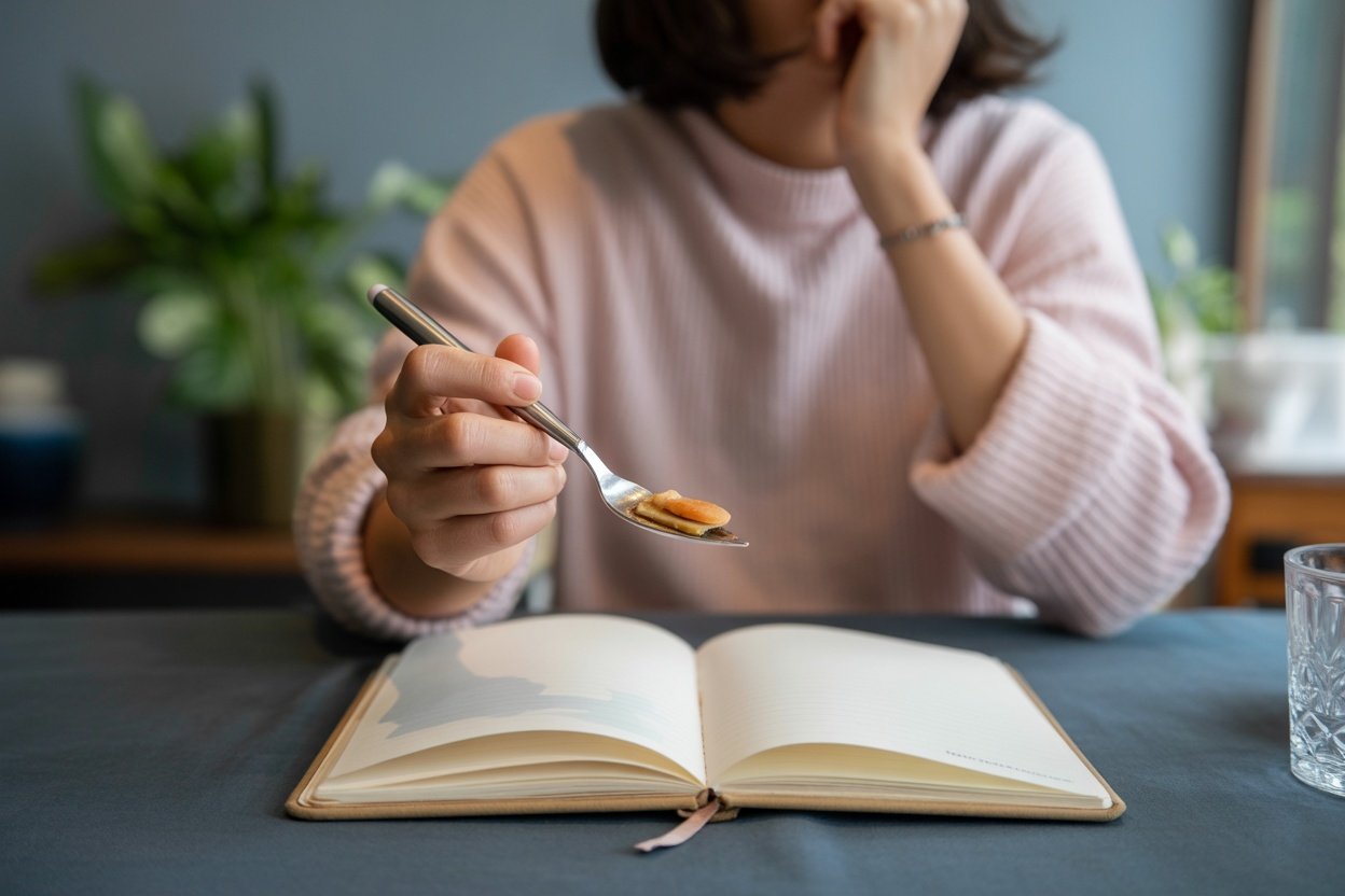 A person reflecting on their food with a spoon in hand and a notebook open on the table.