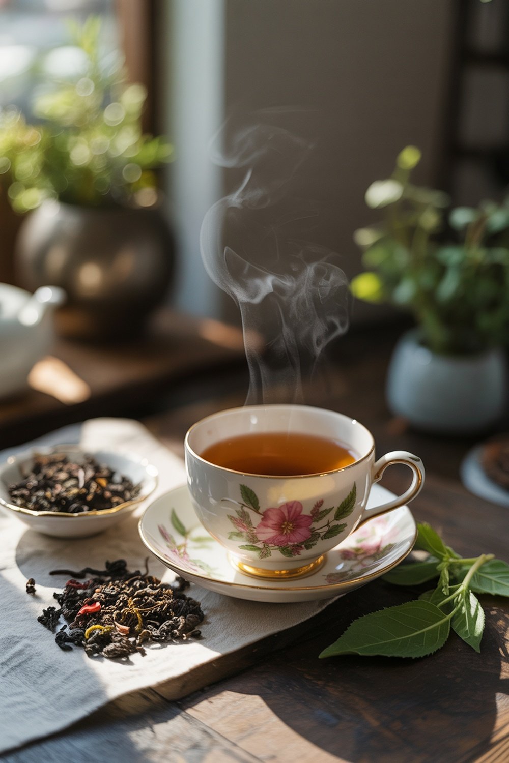 A steaming cup of oolong tea in a floral porcelain cup, with loose tea leaves scattered nearby and greenery in the background.