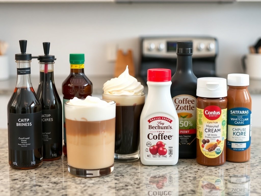 Various coffee add-ons such as syrups and creamers displayed on a kitchen countertop.