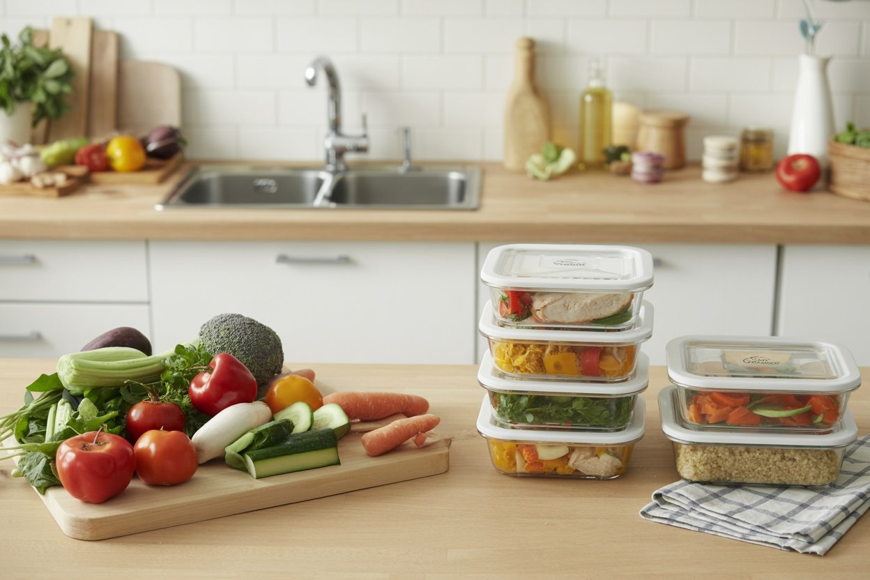 A kitchen scene featuring fresh vegetables on a cutting board and prepped meal containers for healthy eating.