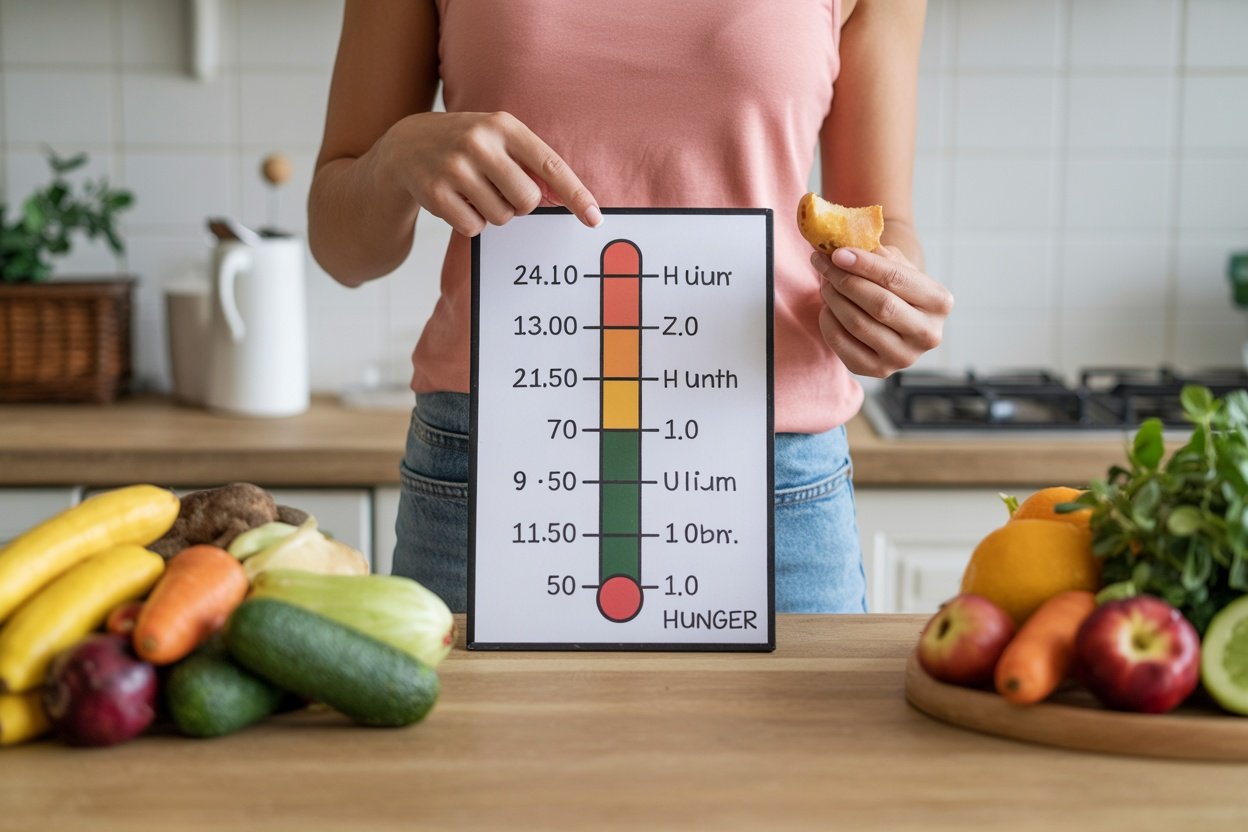 A person holding a hunger scale with various fruits and vegetables on the table.