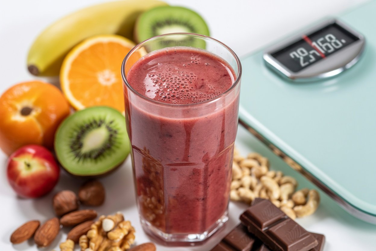A vibrant smoothie in a glass with various fruits and nuts around it, alongside a scale showing weight.