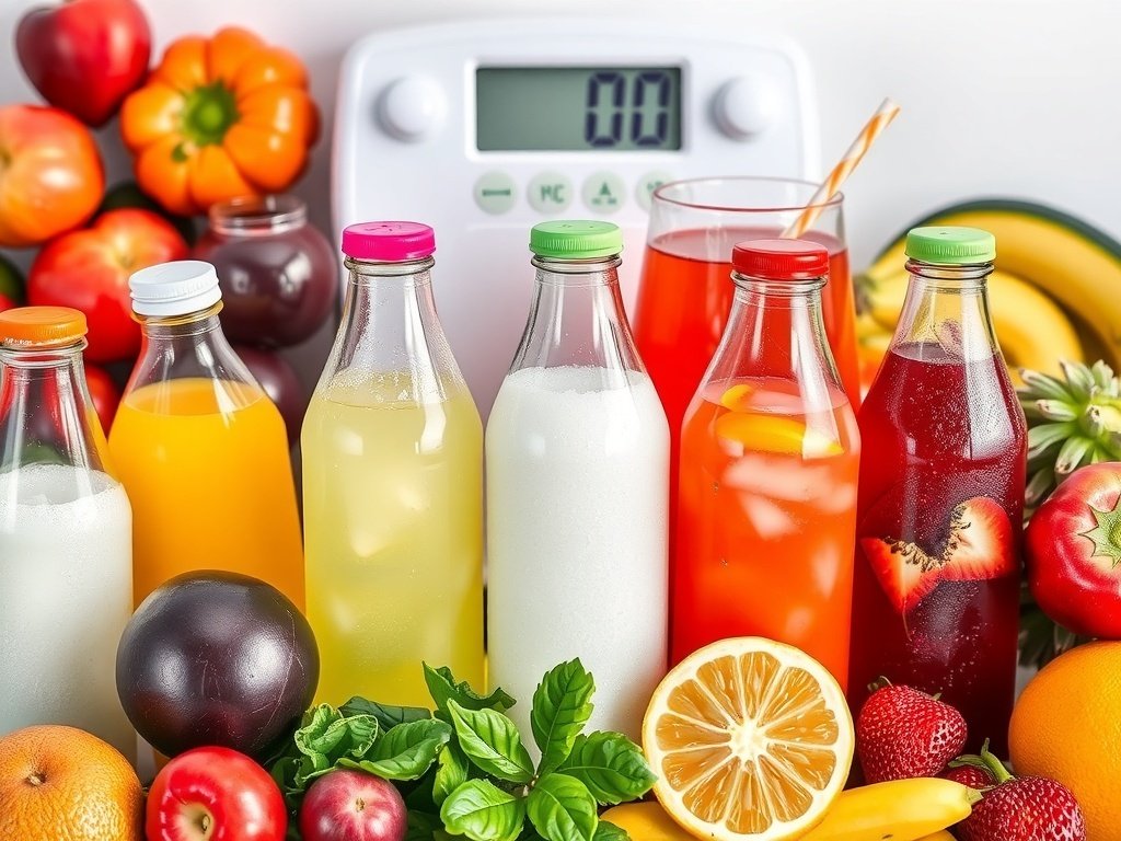 Various colorful beverages labeled as sugary drinks and healthy alternatives, surrounded by fruits and vegetables