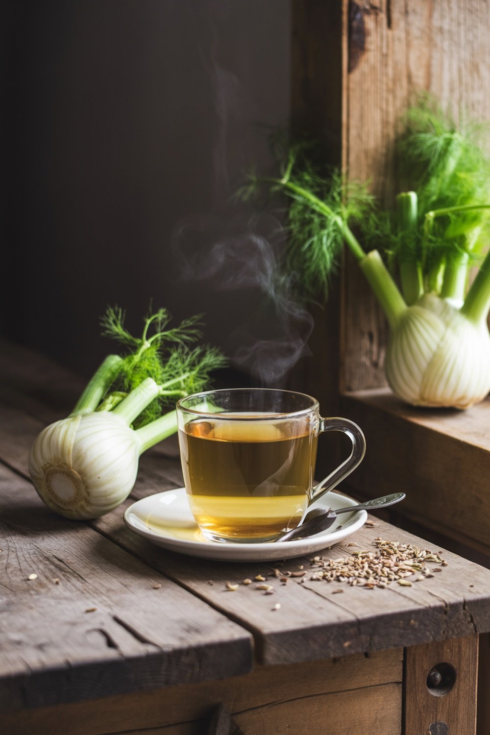 A steaming cup of fennel tea next to fresh fennel bulbs and seeds on a wooden table.