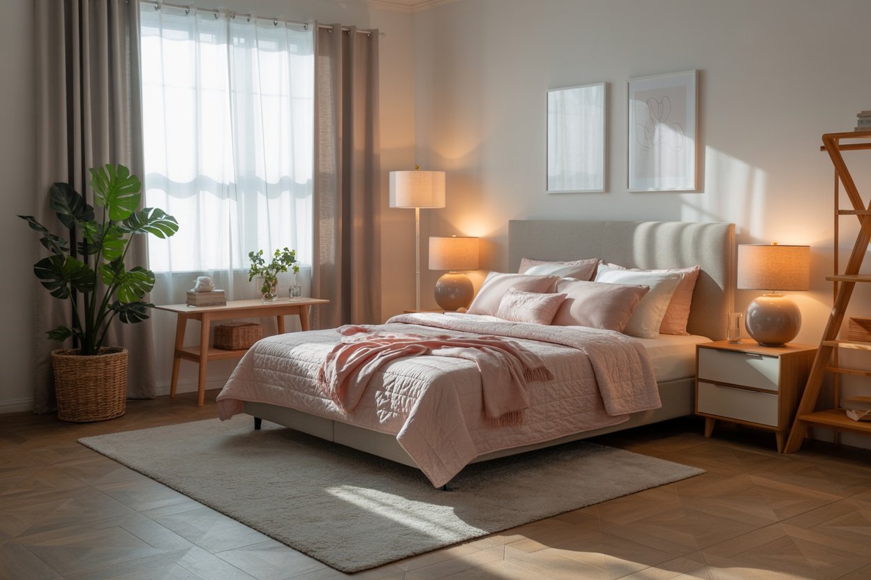 A serene and cozy bedroom environment, designed for relaxation and sleep.