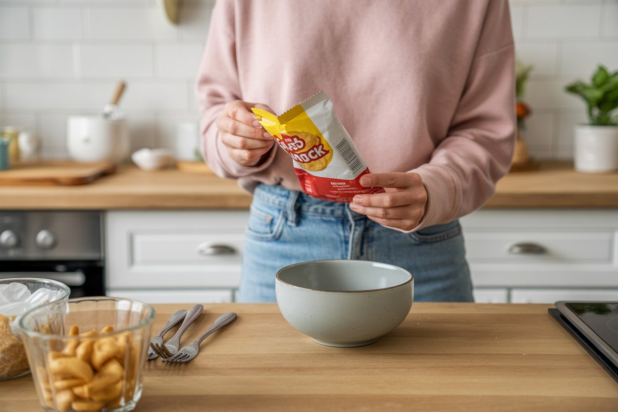 A person preparing snacks from a package into a bowl in a kitchen