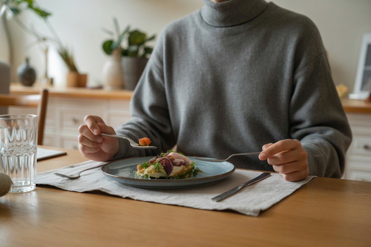 A person eating a meal mindfully at a table, focusing on the food.