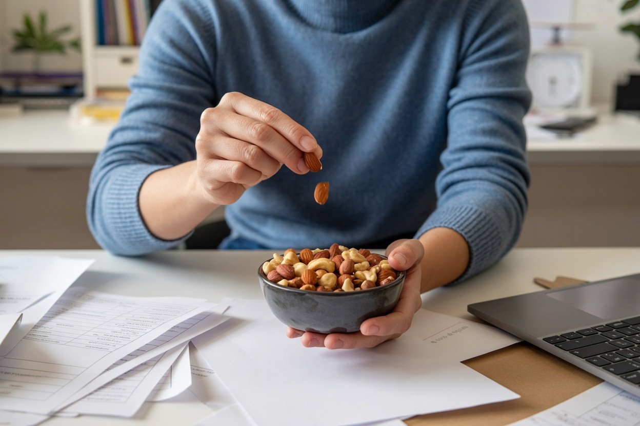 Person holding a bowl of nuts while sitting at a cluttered desk.