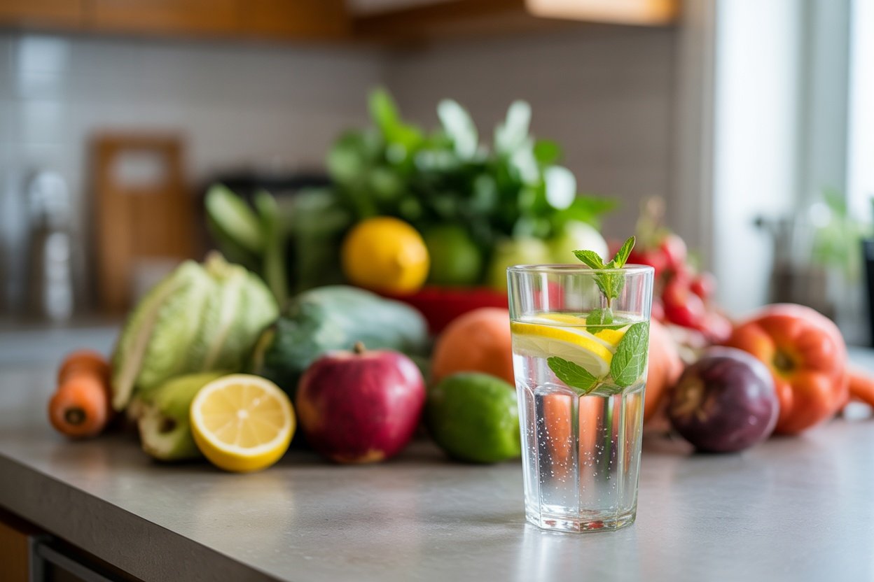 A refreshing glass of infused water with lemon and mint in front of a variety of fresh fruits and vegetables.